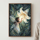 A framed illustration depicts a small fairy with dark, curly hair and diaphanous wings interacting with a large, radiant white lily. The fairy is surrounded by dense, dark green leaves and small white blossoms, all bathed in the soft glow emanating from the central flower.