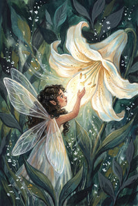 A young fairy with curly hair and gossamer wings reaches out to touch the glowing center of a large, luminous lily in a moonlit forest.