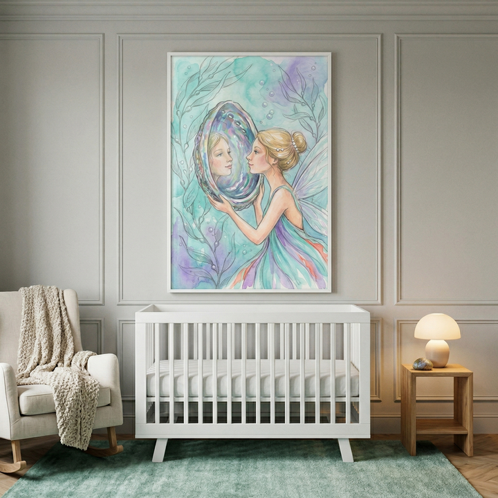A sophisticated nursery features a large framed watercolor illustration. The artwork shows a winged fairy with blonde hair in a bun, gazing into a large iridescent shell that serves as a mirror. She wears a colorful, flowing dress. The background has soft green and purple tones with aquatic plants. Below, there's a modern white crib. To the left, a rocking chair holds a thick knit blanket. A small wooden table with a lamp sits to the right, all on a teal area rug.