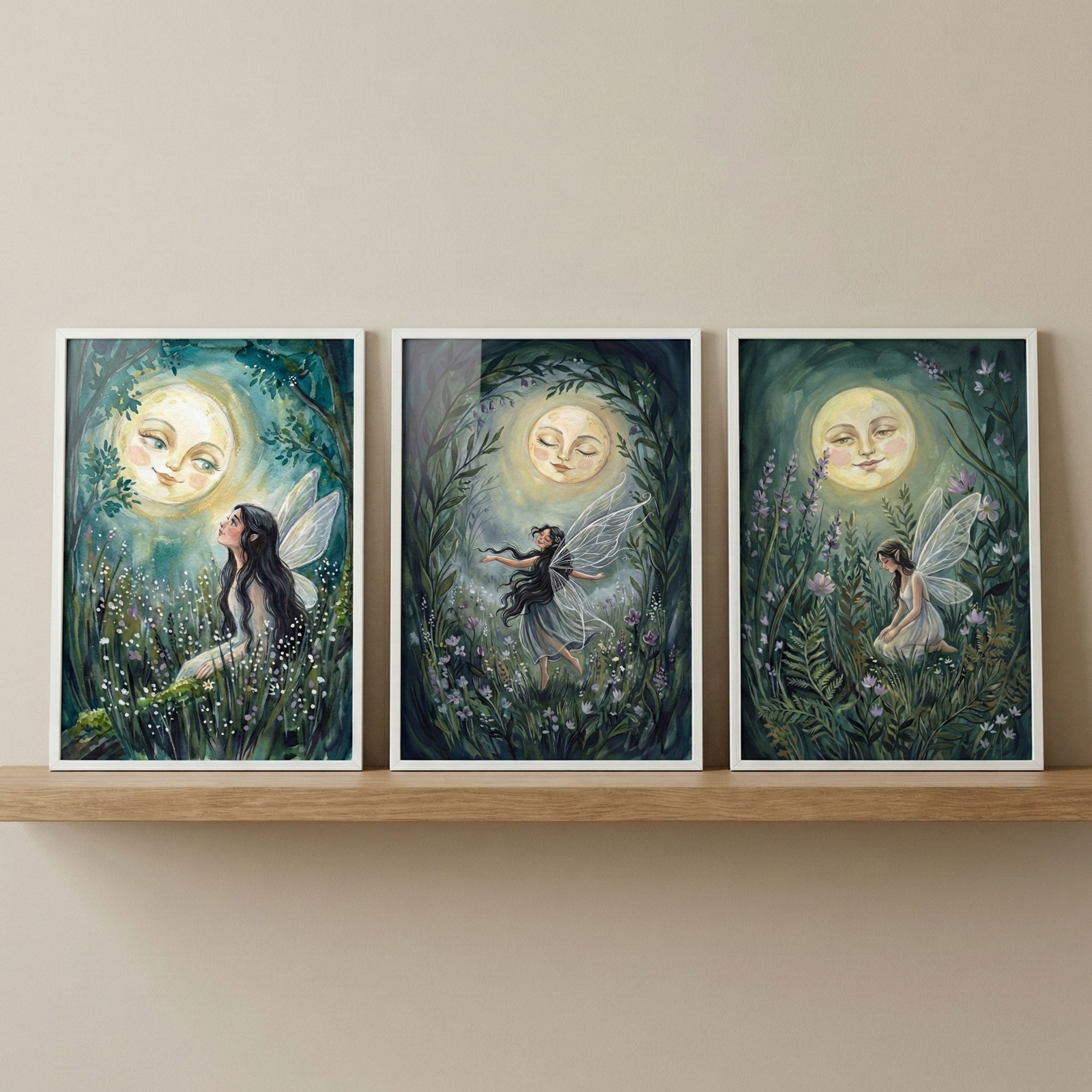 A set of three framed watercolor illustrations featuring whimsical winged figures in a moonlit forest. Each piece depicts a character with translucent wings interacting with a personified moon that has a serene face. The first shows a figure looking up from a field of flowers. The middle depicts a character floating through a leafy archway. The third features a figure resting among tall foliage. The art uses a palette of deep teal, green, and glowing yellow.