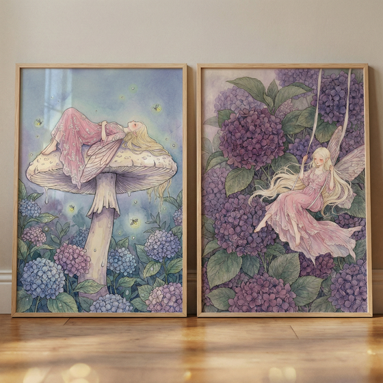 Two framed whimsical illustrations are positioned side-by-side on a wooden floor. The left frame features a fairy with long blonde hair and translucent wings lying atop a large mushroom. She wears a flowing pink gown, and the scene is filled with blue and purple flowers. The right frame shows a similar fairy on a rope swing amidst a lush backdrop of large purple flower clusters. Both artworks use a soft pastel color palette and have a delicate, illustrative style.
