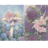 Dreamy pastel fantasy illustrations of a delicate fairy with long blonde hair and translucent wings. In one scene, she sleeps peacefully atop a large mushroom surrounded by glowing fireflies and soft blue and purple hydrangea flowers. In the other, she gently swings on a rope among lush clusters of purple hydrangeas, her flowing pink dress and hair drifting softly through the air.