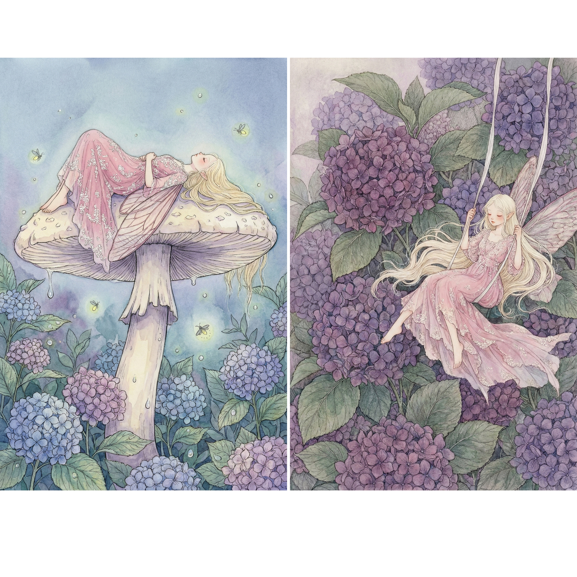 Dreamy pastel fantasy illustrations of a delicate fairy with long blonde hair and translucent wings. In one scene, she sleeps peacefully atop a large mushroom surrounded by glowing fireflies and soft blue and purple hydrangea flowers. In the other, she gently swings on a rope among lush clusters of purple hydrangeas, her flowing pink dress and hair drifting softly through the air.