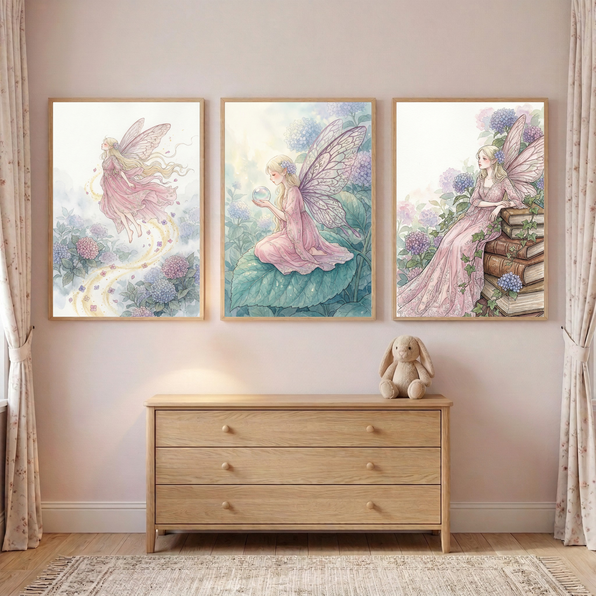 Fairy Kids Room Wall Art Set of 3 - Whimsical Flower Fairies
