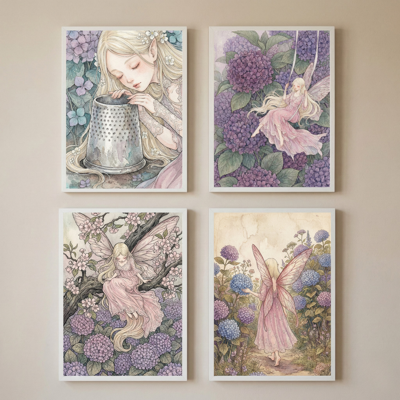 Four framed illustrations are arranged in a square grid on a plain wall. Each piece features a delicate fairy figure amidst lush purple and blue hydrangea blossoms in a soft, whimsical style. The top-left shows a fairy with a silver thimble. The top-right depicts a fairy on a swing. The bottom-left features a fairy perched on a branch. The bottom-right shows a fairy walking through a floral garden. In the foreground, two people hold up phones to take a picture of the display.