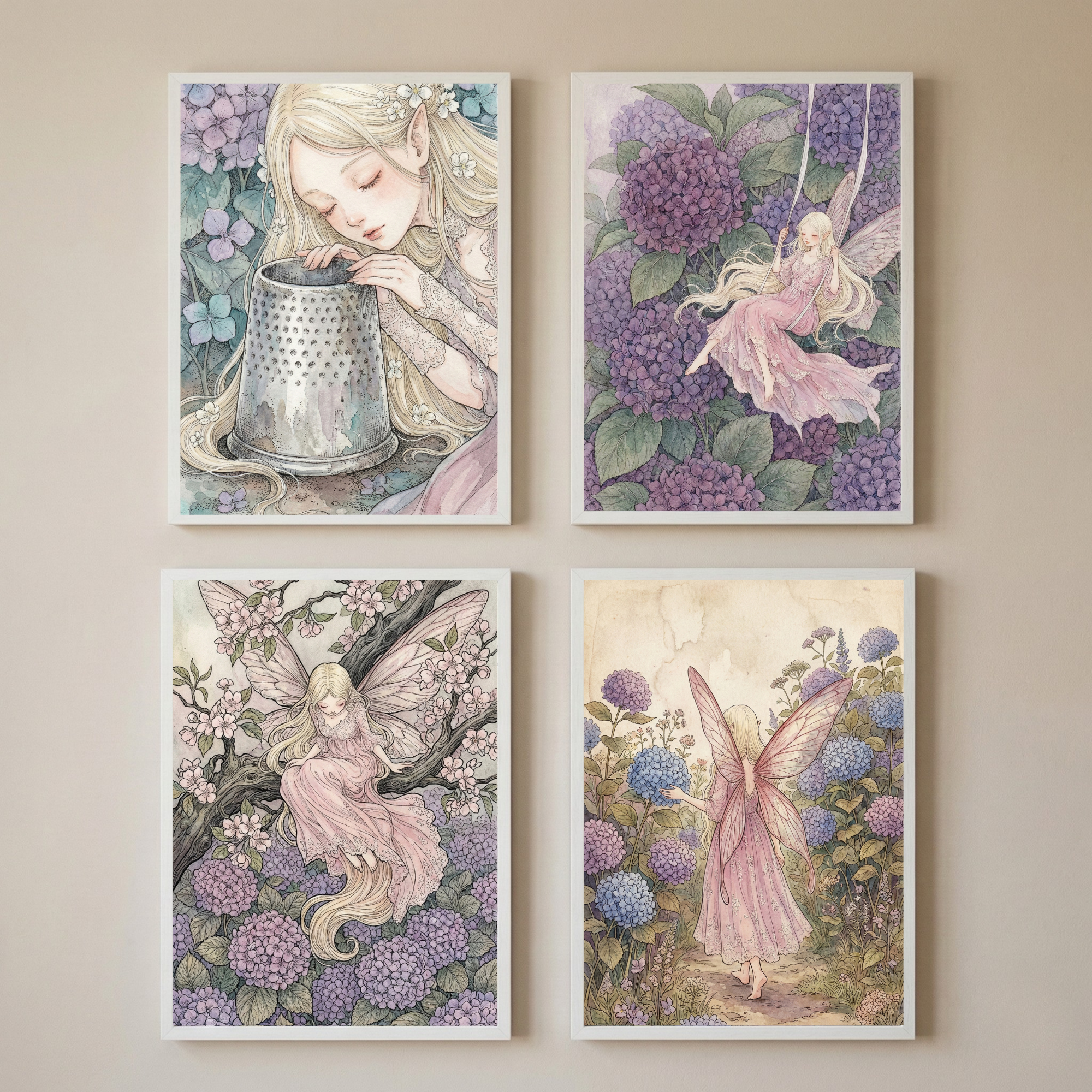 Fairy Girls Room Wall Art Set of 4 - Hydrangea Fairy Dreams