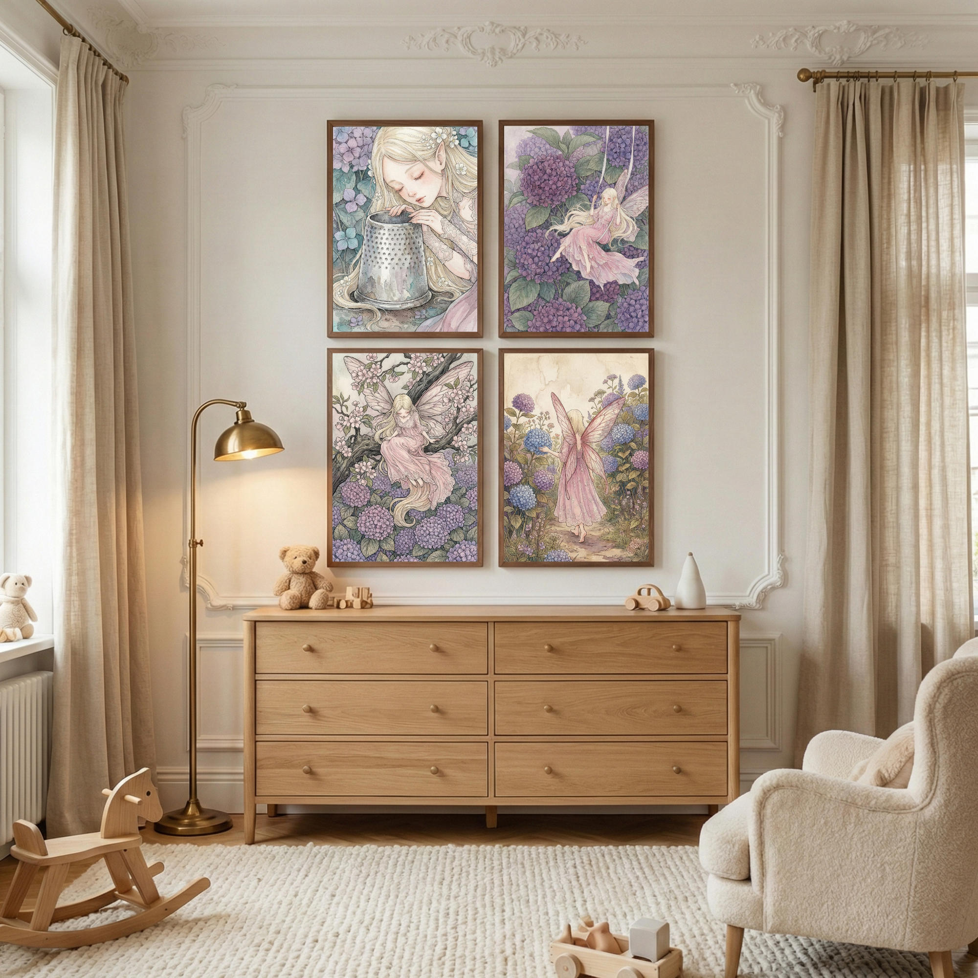 Fairy Girls Room Wall Art Set of 4 - Hydrangea Fairy Dreams