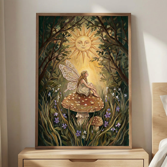 Whimsical painting of a fairy sitting atop a red and white spotted mushroom in a sunlit forest. The fairy, with delicate, lacy wings and flowing hair, looks up toward a glowing sun with a serene, smiling face. She is surrounded by tall grass, purple wildflowers, and leafy trees arching overhead, creating a magical woodland atmosphere.