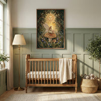 The same fairy-and-mushroom artwork displayed above a wooden crib in a cozy, softly lit nursery. The room features sage green wall paneling, a woven basket with stuffed animals, a floor lamp, and natural wood furniture, enhancing the warm and enchanting feel of the fairy-tale decor.