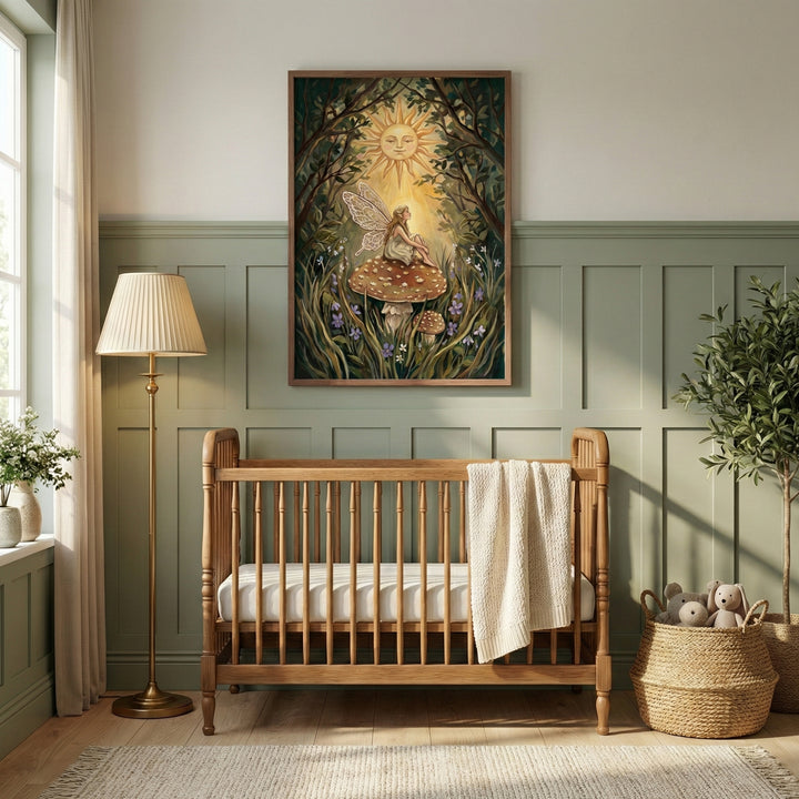 The same fairy-and-mushroom artwork displayed above a wooden crib in a cozy, softly lit nursery. The room features sage green wall paneling, a woven basket with stuffed animals, a floor lamp, and natural wood furniture, enhancing the warm and enchanting feel of the fairy-tale decor.
