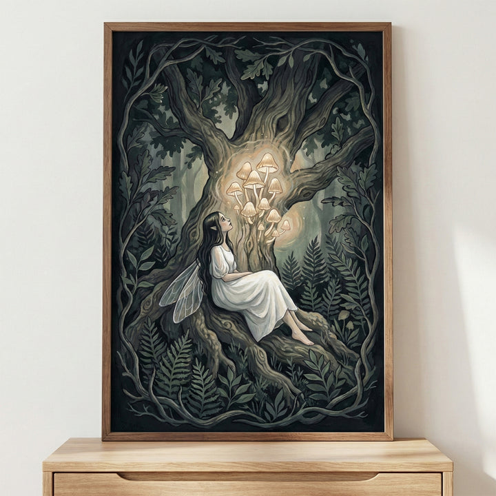 Framed painting of a fairy with translucent wings and a flowing white dress, sitting peacefully against the twisted roots of a large, ancient tree. She gazes upward at a glowing cluster of mushrooms sprouting from the tree trunk. The scene is set in a shadowy forest surrounded by ferns and dark foliage, creating a dreamy, magical woodland atmosphere. The artwork is displayed above a light wooden dresser in a softly lit room.