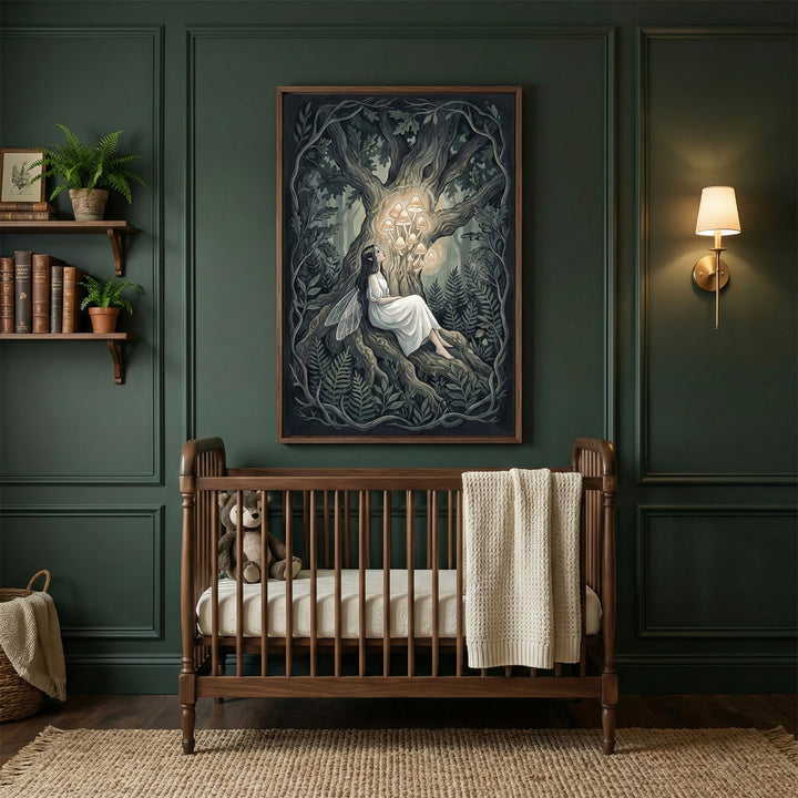 A cozy nursery with dark green walls features a framed painting above a wooden crib. The artwork shows a serene fairy in a white dress sitting against the roots of a large, ancient tree, gazing at a glowing cluster of mushrooms. The room includes warm lighting, a shelf with potted plants and books, and soft woven textures, creating a peaceful and magical atmosphere.