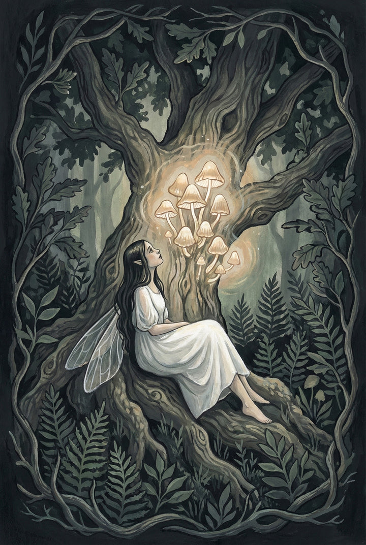 Whimsical illustration of a serene fairy with long dark hair and translucent wings, sitting barefoot on the gnarled roots of an ancient tree in a forest. She gazes peacefully at a glowing cluster of golden mushrooms growing from the tree trunk. Surrounded by lush green ferns and leaves, the scene glows softly with magical light, evoking a tranquil, enchanted atmosphere.