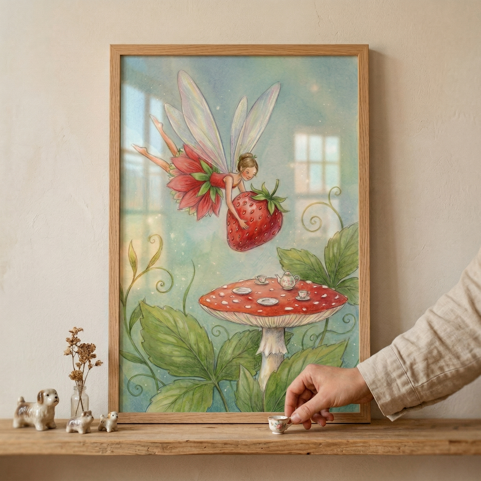 A framed whimsical illustration shows a tiny winged fairy flying through a soft blue sky, carrying a large red strawberry. She wears a pink flower-petal skirt. Below her, a red-capped mushroom with white spots acts as a table for a miniature tea set. Large green leaves and vines frame the bottom. A hand places a tiny ceramic teacup on a wooden shelf in front of the frame, alongside small dog figurines and a vase of dried flowers. The scene is set against a neutral, textured wall.
