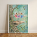 A framed whimsical illustration shows three fairy ballerinas dancing atop a large mushroom growing from a thick tree trunk. The central fairy wears a purple tutu, while the fairy to her left is in pink and the one to her right is in blue. All three have delicate wings and perform ballet movements. Intricate green vines twist around the gnarled tree into a soft, shimmering teal background. The piece is held in a simple white frame, leaning against a wall on a wooden floor.