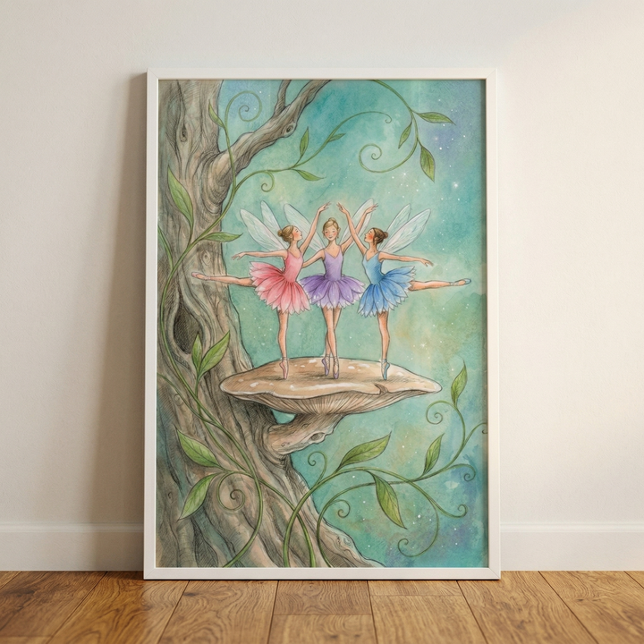 A framed whimsical illustration shows three fairy ballerinas dancing atop a large mushroom growing from a thick tree trunk. The central fairy wears a purple tutu, while the fairy to her left is in pink and the one to her right is in blue. All three have delicate wings and perform ballet movements. Intricate green vines twist around the gnarled tree into a soft, shimmering teal background. The piece is held in a simple white frame, leaning against a wall on a wooden floor.