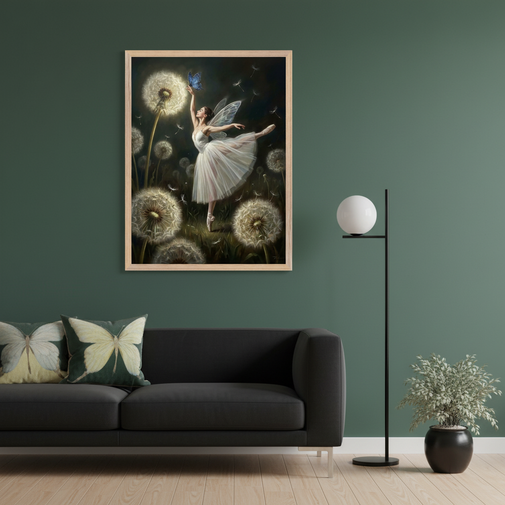 Modern living room with a black sofa. A large framed painting of a ballerina fairy reaching for a blue butterfly on a glowing dandelion puff hangs above the sofa, left of a black floor lamp. Butterfly pillows are on the sofa.