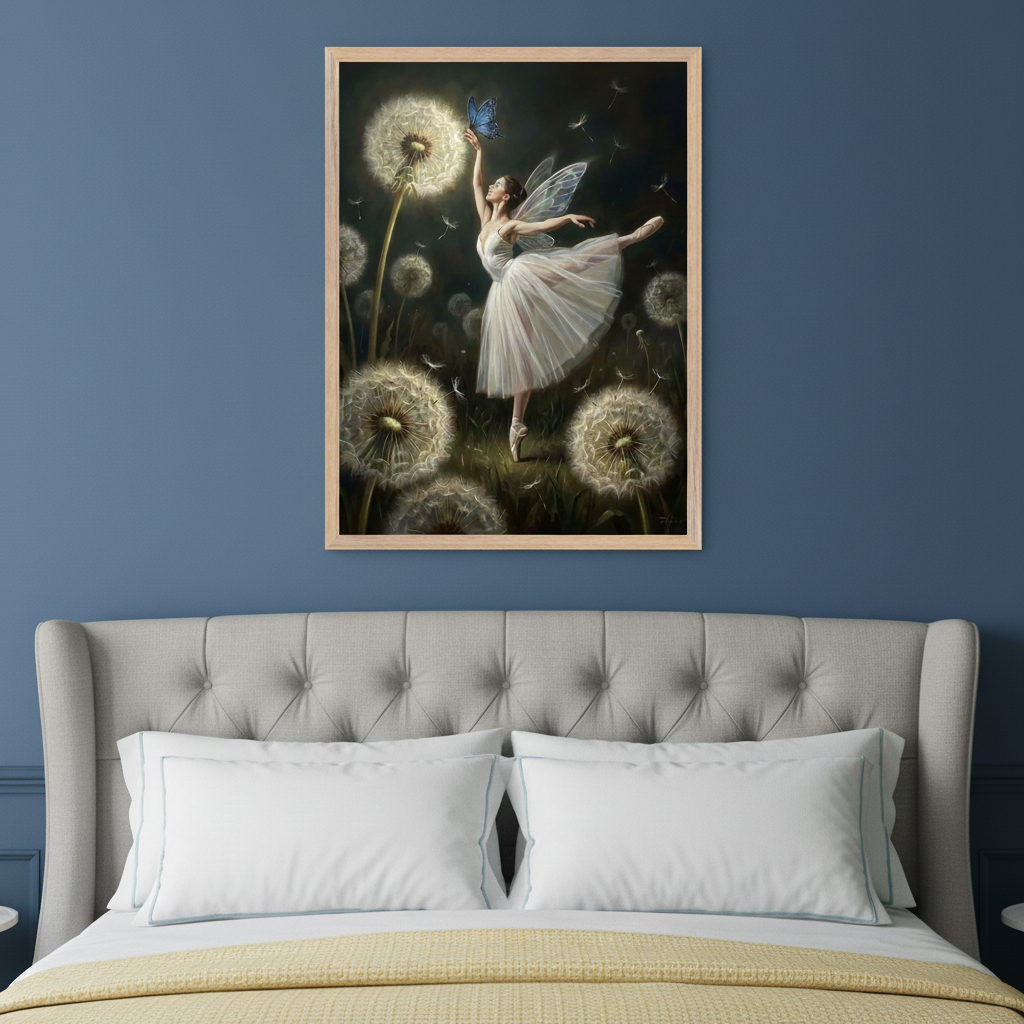 Bedroom with a grey tufted headboard and blue wall. A large framed painting of a ballerina fairy reaching for a blue butterfly among glowing dandelions at night hangs centered above the bed.