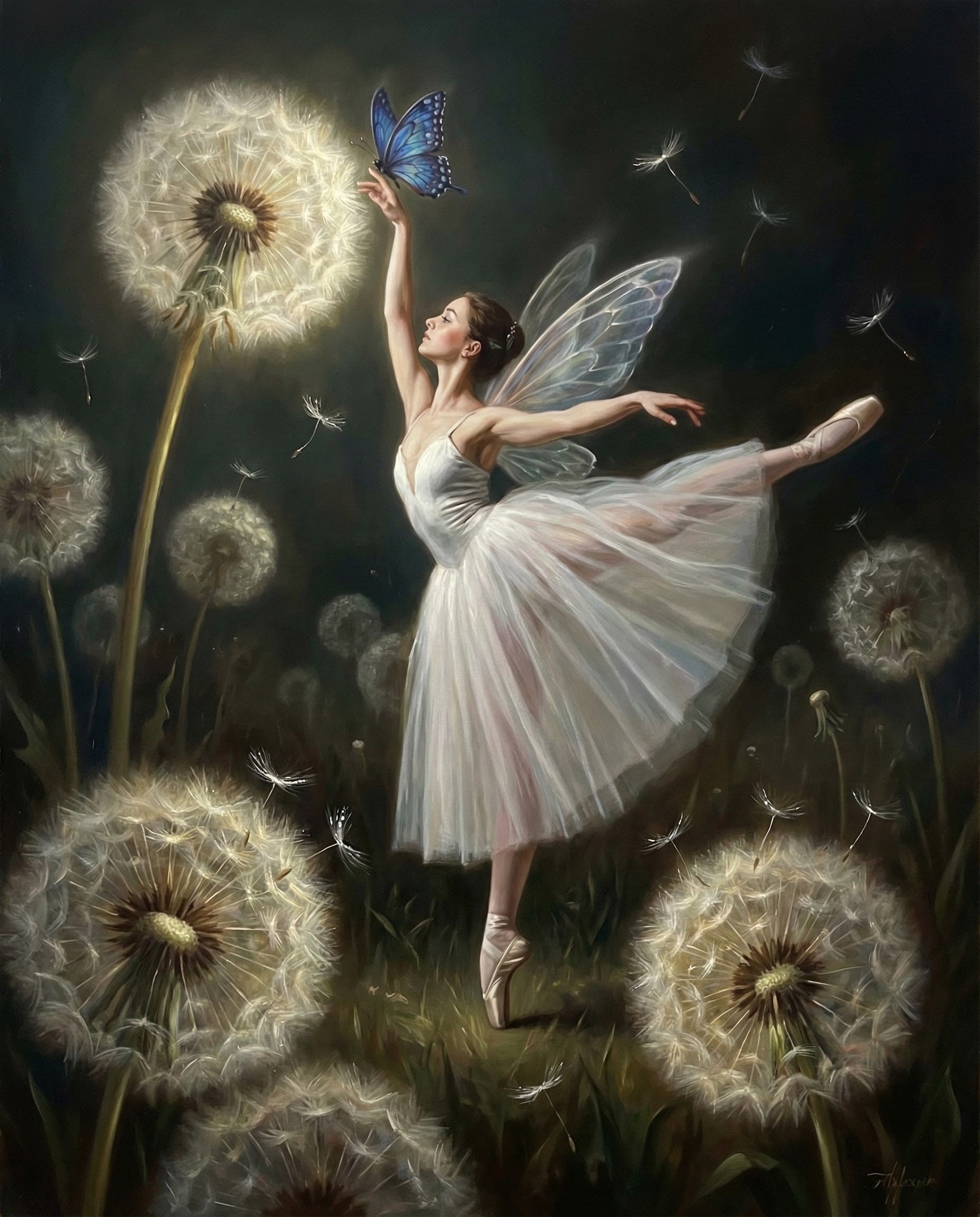 A magical scene of a ballerina with fairy wings dancing en pointe among oversized glowing dandelions, reaching toward a blue butterfly, set against a dark dreamy backdrop ideal for fantasy-inspired wall décor.

