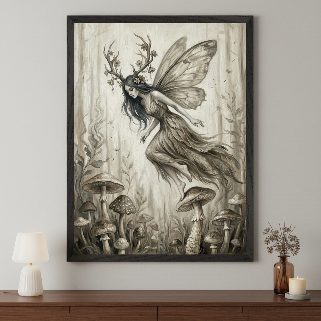 Modern room with a dark wooden dresser. A large framed illustration of a winged, antlered fairy with flowers floating above mushrooms in a forest, rendered in muted earthy tones, hangs centered above the dresser.