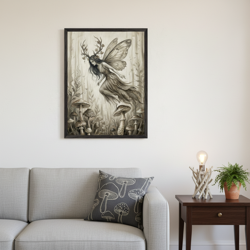 Living room with a light gray sofa and a dark wood side table. A framed fantasy art print hangs above the sofa, featuring a fairy with antlers and wings floating over mushrooms in a forest.