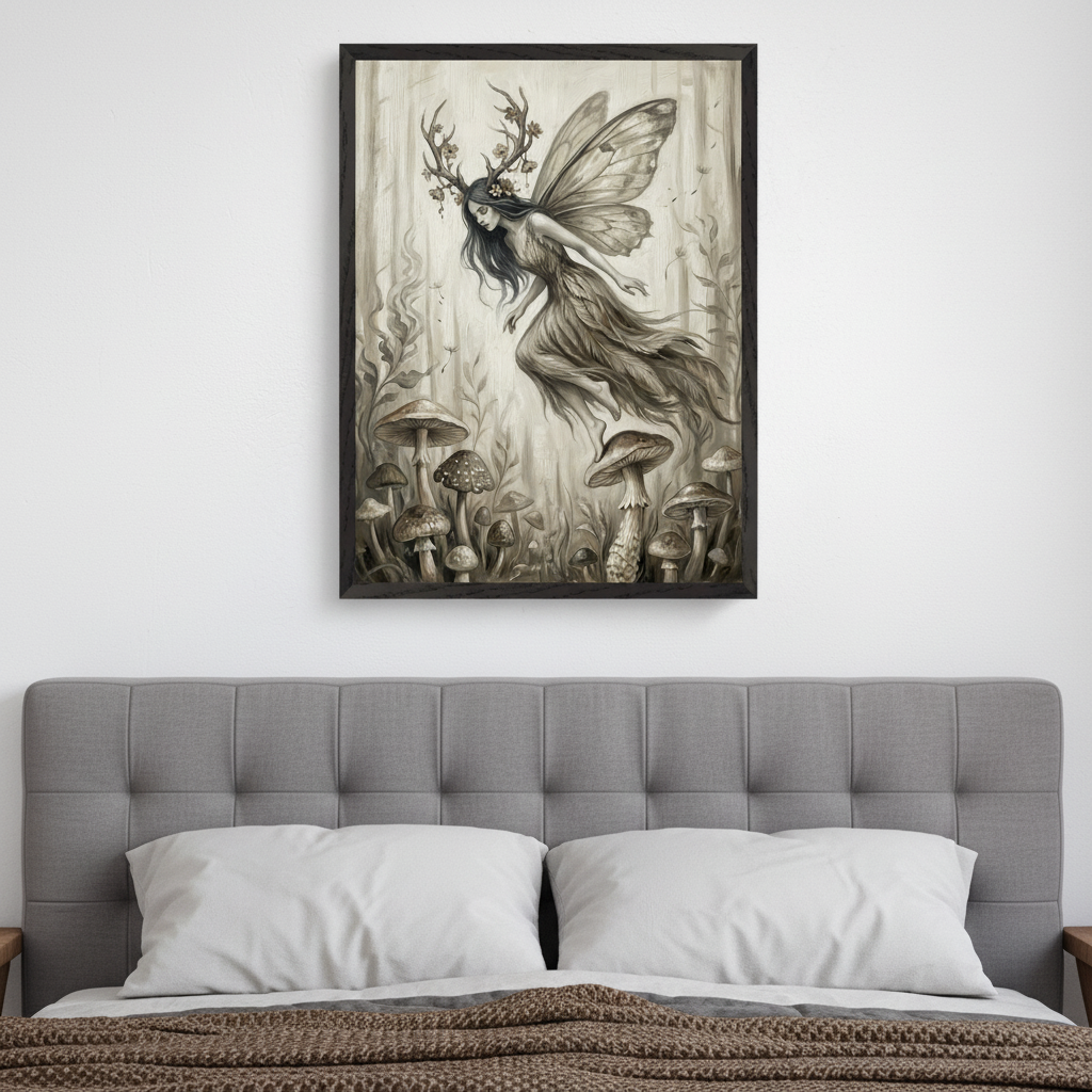 Modern bedroom with a gray tufted headboard and white pillows. A framed monochrome illustration of an antlered, winged fairy flying over mushrooms hangs on the white wall above the bed.