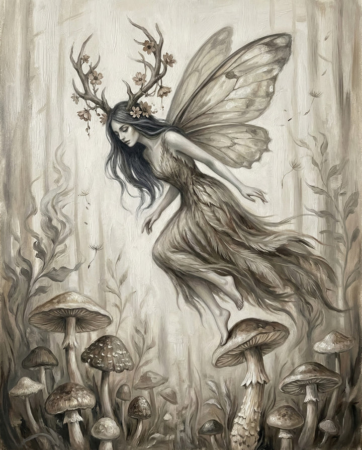 Fantasy painting of a graceful woodland fairy with butterfly wings and antler-like horns adorned with flowers, hovering gently above a forest floor filled with mushrooms in soft sepia tones, evoking an ethereal, enchanted forest mood.
