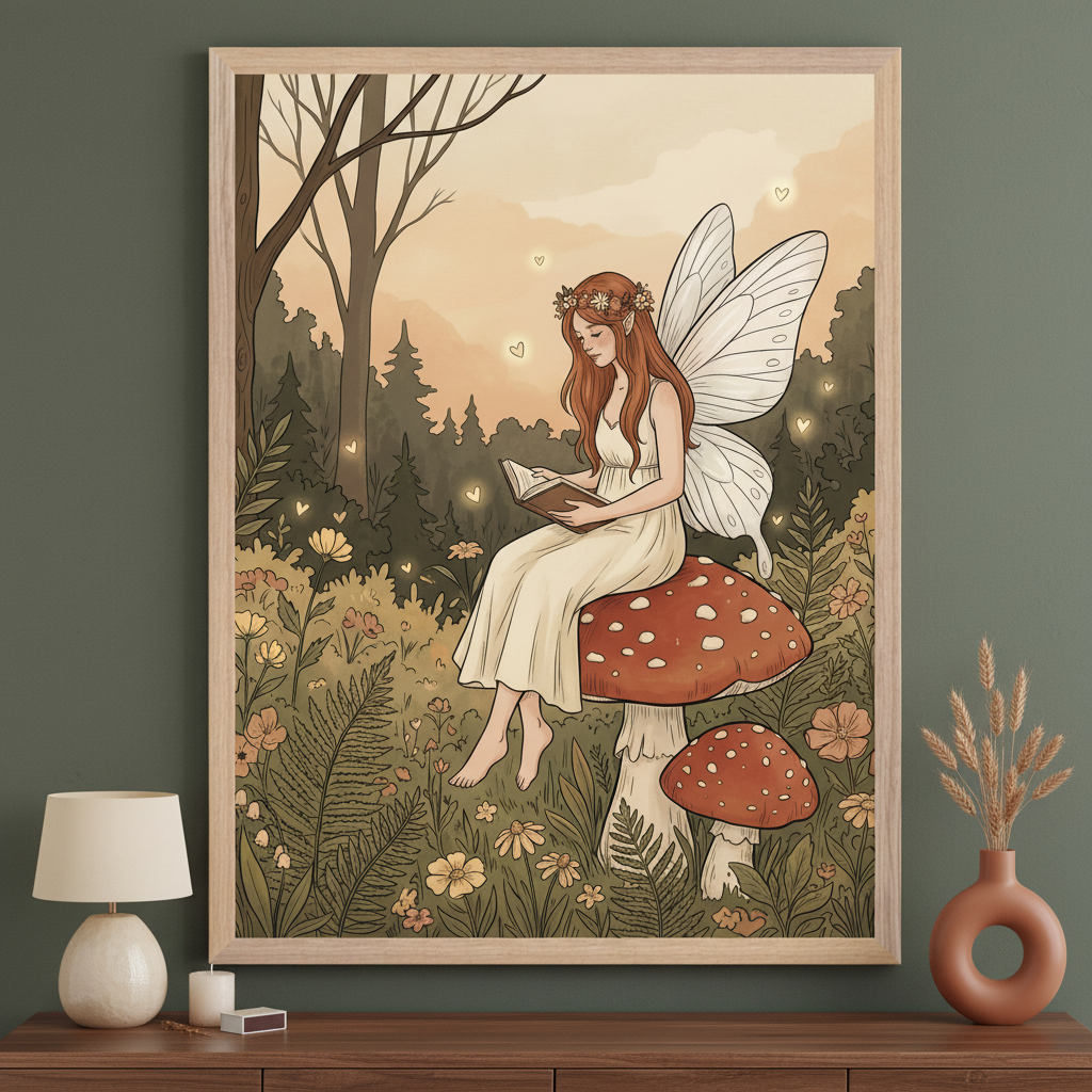 Modern living room with a dark green wall and a wooden dresser. A large framed illustration of a red-haired fairy with white wings reading on a red mushroom in a glowing forest hangs above the dresser. A lamp, candles, and a vase with dried wheat are on the dresser.