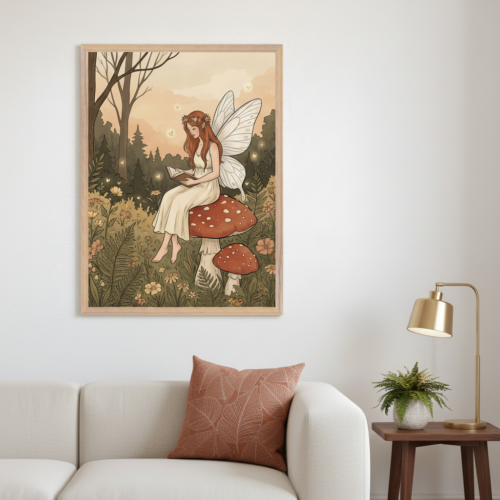 Modern living room with a light sectional sofa, wooden side table, and gold lamp. A framed whimsical illustration of a red-haired fairy reading on a mushroom in a forest with glowing hearts hangs above the sofa.