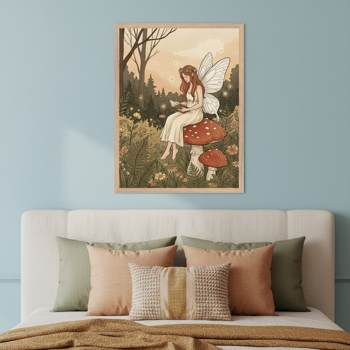 Bedroom with light blue walls and a cream upholstered bed. A framed fantasy illustration of a red-haired fairy with white wings sitting on a mushroom, reading, in a forest scene hangs centered above the bed.