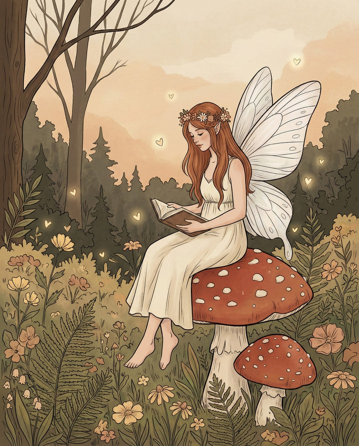 A whimsical illustration of a fairy with delicate wings sitting on a mushroom, reading a book in a serene forest, surrounded by flowers and soft glowing lights, evoking a magical, peaceful atmosphere.