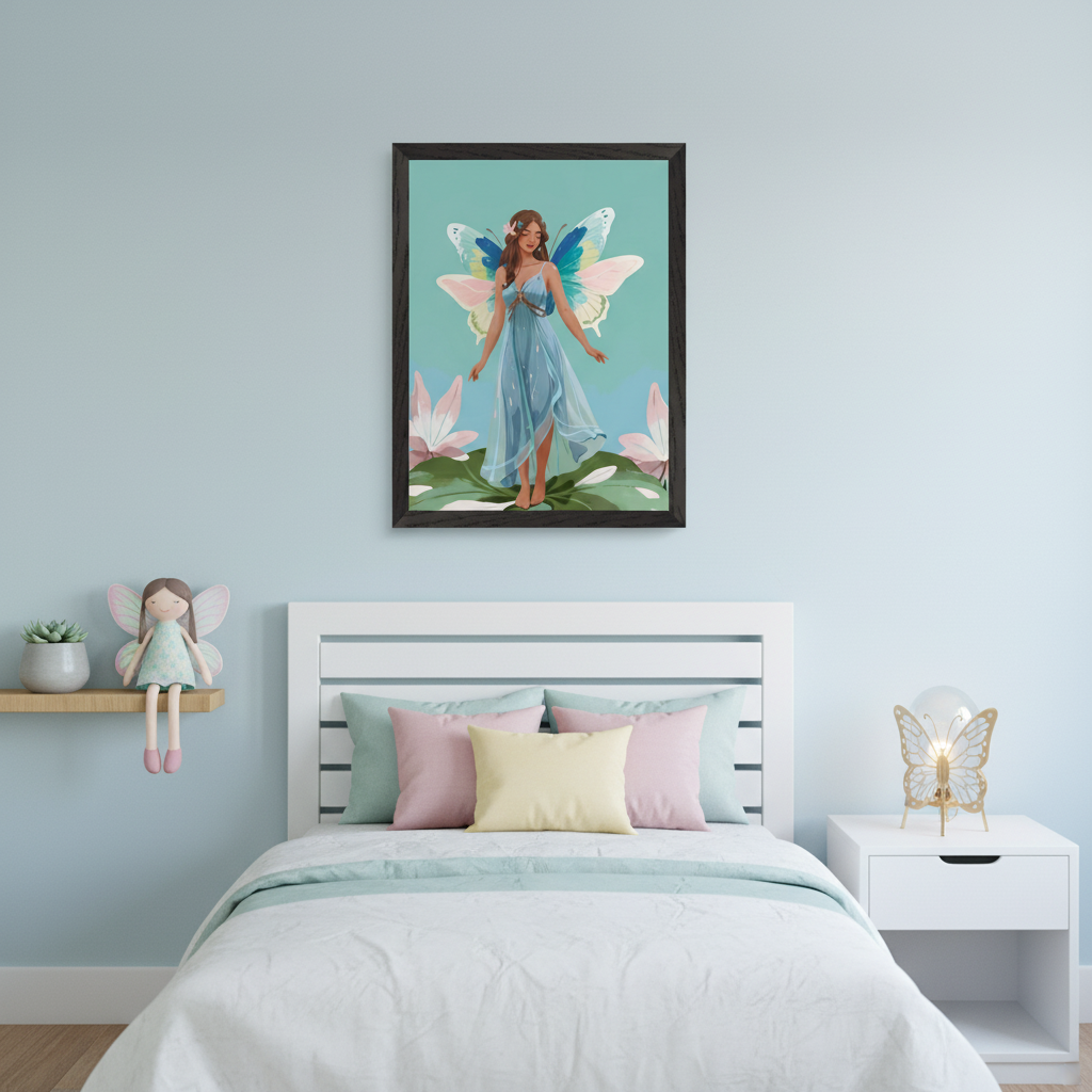 Kid's bedroom with a white bed, pastel bedding, and a fairy doll on a shelf. A dark framed illustration of a fairy with butterfly wings and a blue dress, standing on leaves with pink flowers, hangs centered above the bed.