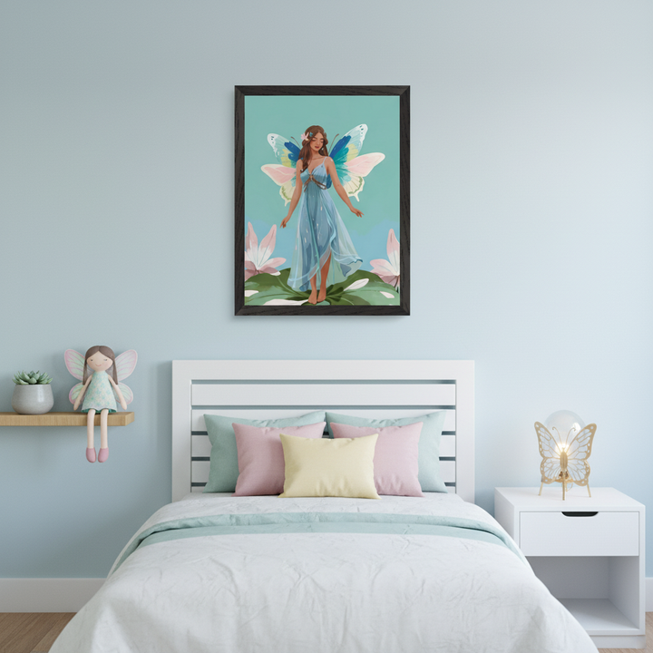Kid's bedroom with a white bed, pastel bedding, and a fairy doll on a shelf. A dark framed illustration of a fairy with butterfly wings and a blue dress, standing on leaves with pink flowers, hangs centered above the bed.