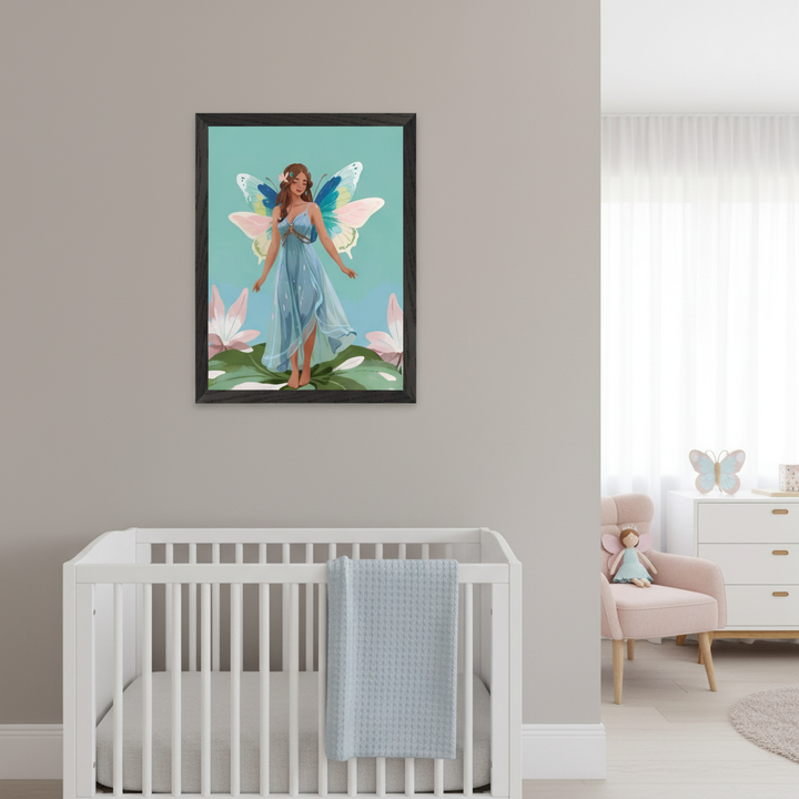 Modern nursery with a white crib against a gray wall. A framed illustration of a fairy with blue dress and butterfly wings among pink flowers hangs above the crib. A pink armchair and white dresser are on the right.