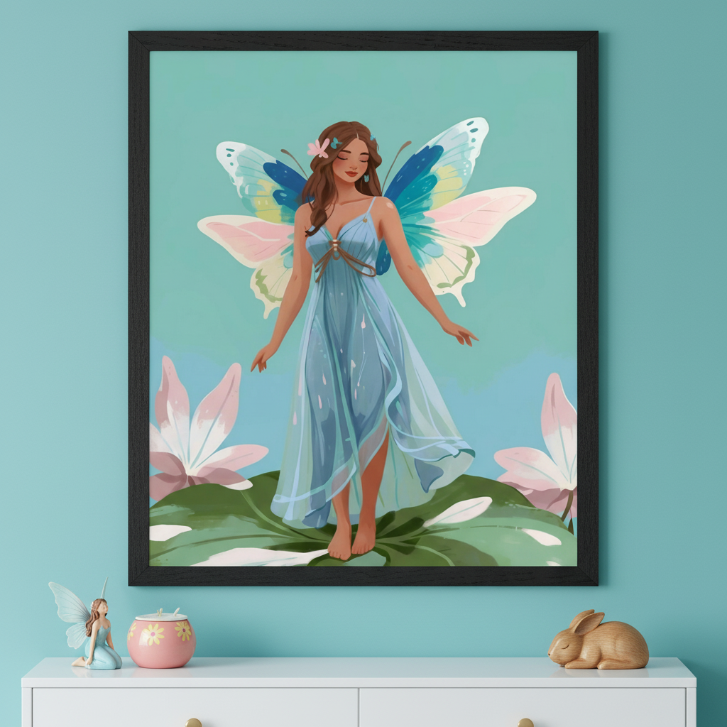 Modern room with a white dresser. A large black-framed illustration of a brown-haired fairy with blue butterfly wings and a flowing blue dress, standing on green lily pads with pink lotus flowers, hangs above the dresser. A small fairy figurine, a pink pot, and a wooden rabbit are on the dresser.