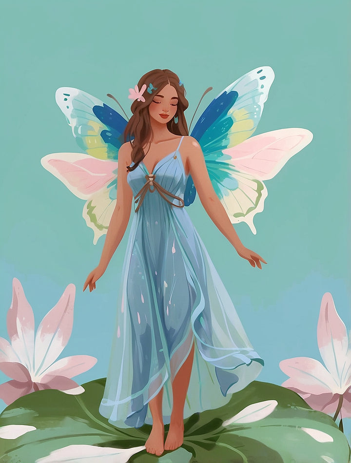 A woman with flowing brown hair stands gracefully on a large green leaf, wearing a delicate light blue dress and adorned with vibrant butterfly wings in shades of blue, pink, and yellow.