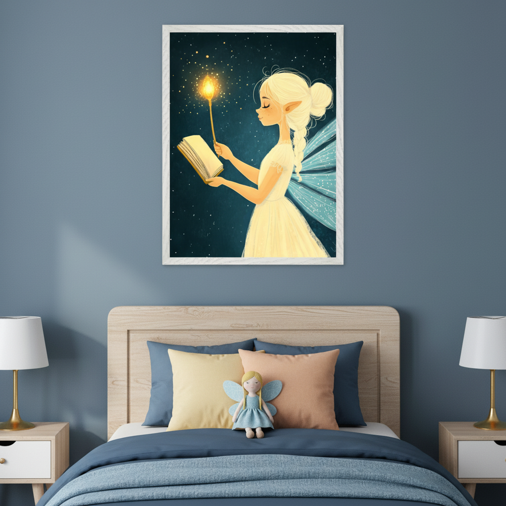 Kid's bedroom with a wooden bed, blue bedding, and two bedside tables with lamps. A large framed illustration of a blonde fairy holding a glowing wand and book is centered above the bed on a dark blue wall. A fairy doll sits on the bed.