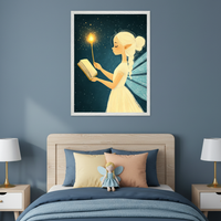 Kid's bedroom with a wooden bed, blue bedding, and two bedside tables with lamps. A large framed illustration of a blonde fairy holding a glowing wand and book is centered above the bed on a dark blue wall. A fairy doll sits on the bed.