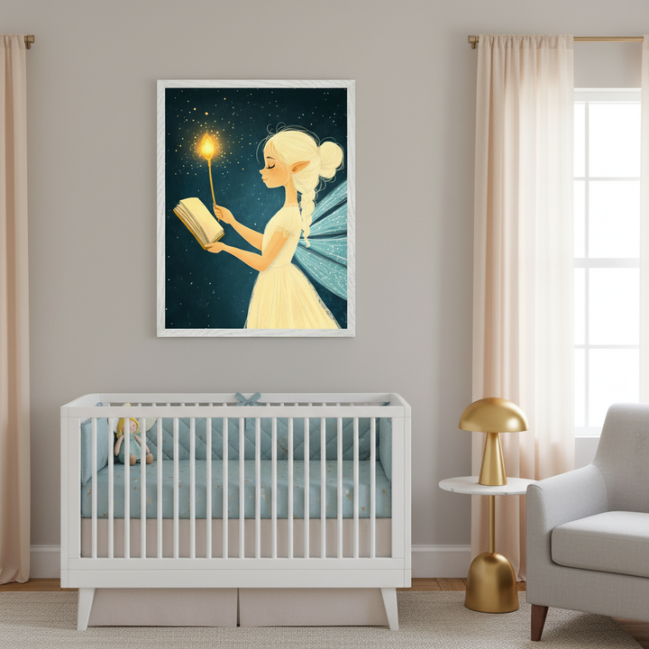 Modern nursery with a white crib. Above it hangs a large framed print of a light-haired fairy reading a book by a glowing wand, set against a starry sky. A light grey armchair and gold mushroom lamp are to the right.