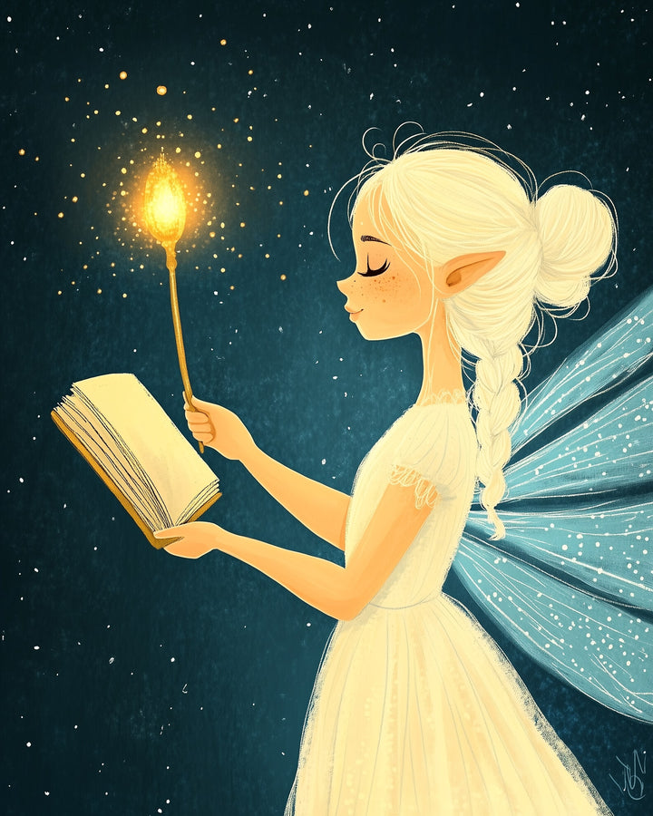 A whimsical fairy with long white hair and delicate wings holds a glowing wand and an open book, surrounded by a starry night sky. Her serene expression and elegant white dress add to the enchanting atmosphere.