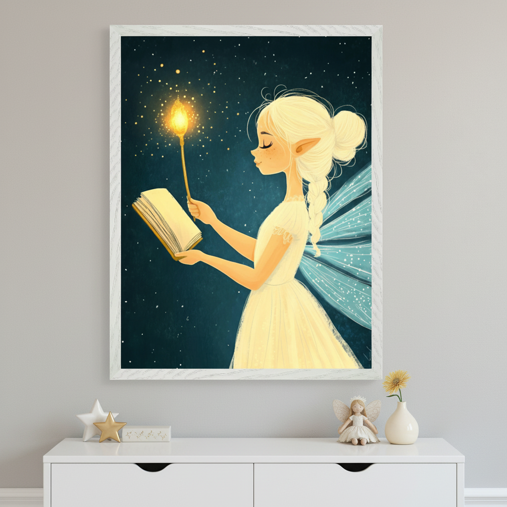 Modern kid's bedroom with a white dresser. A large white-framed illustration of a blonde fairy with blue wings, reading a book by the light of a glowing wand against a starry night sky, hangs above the dresser.