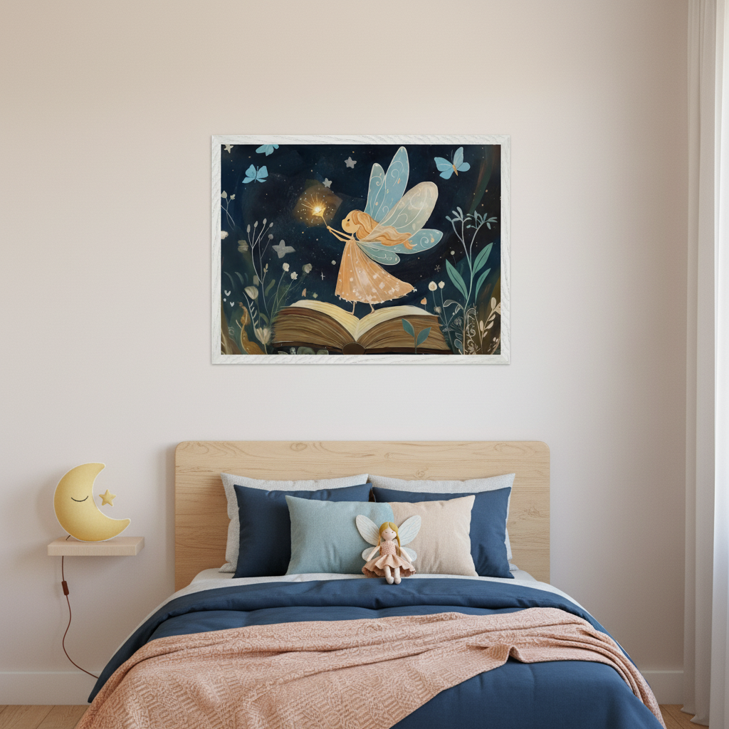 Kid's bedroom with a wooden bed, blue bedding, and peach throw. A framed illustration of a winged fairy on an open book, holding a glowing wand in a dark, star-filled garden scene, hangs centered above the bed. A yellow moon lamp is on a wall shelf.