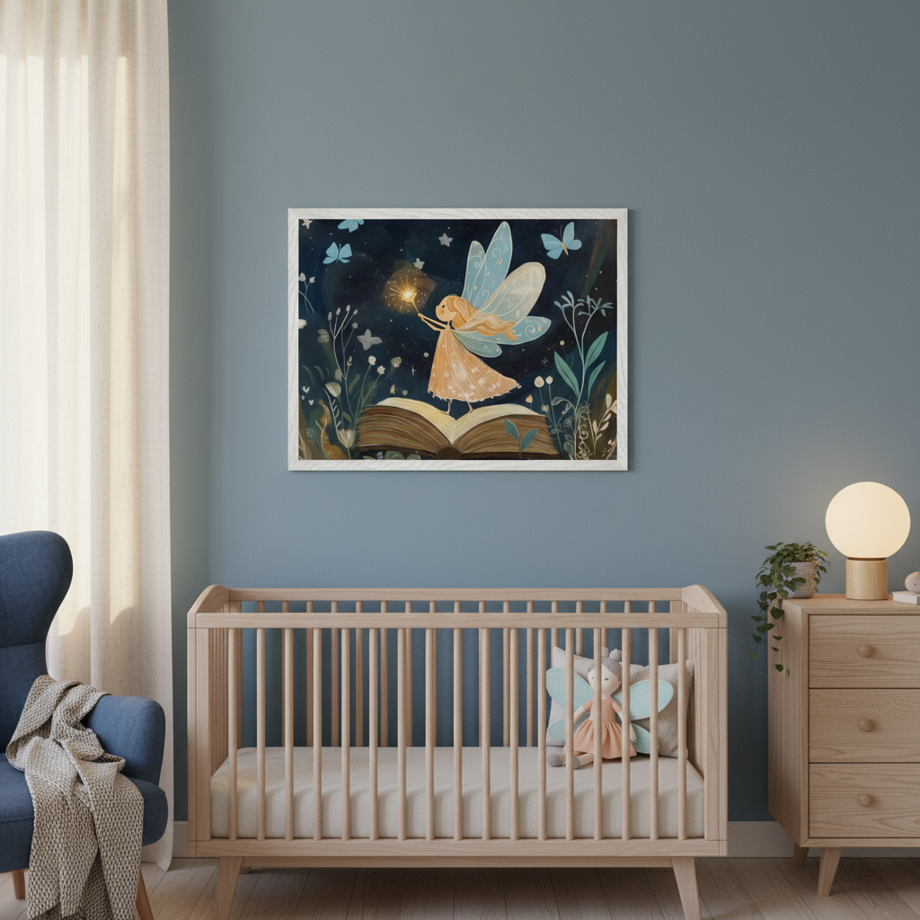 Modern nursery with a light wood crib, dresser, and blue armchair. A white-framed print of a fairy with blue wings holding a glowing wand, standing on an open book, is centered above the crib on a blue wall.
