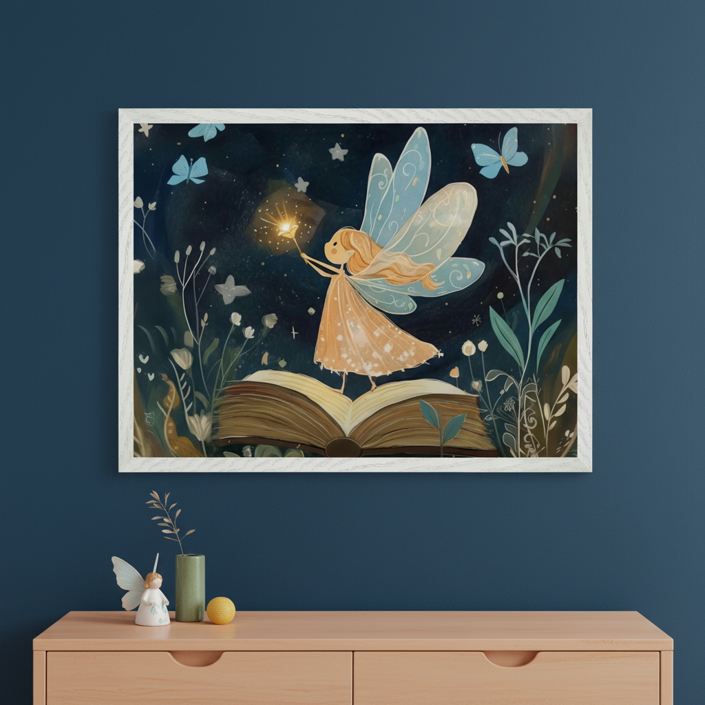 Whimsical room with a light wood dresser. A large framed print hangs above the dresser, depicting a cartoon fairy with blue wings holding a glowing wand, standing on an open book amidst a starry night scene with butterflies and plants.