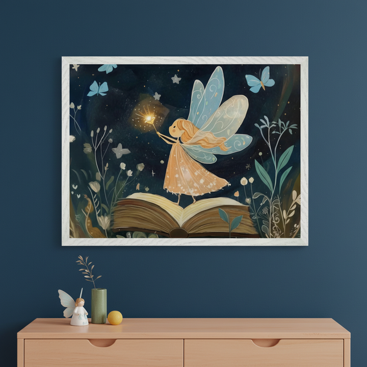 Whimsical room with a light wood dresser. A large framed print hangs above the dresser, depicting a cartoon fairy with blue wings holding a glowing wand, standing on an open book amidst a starry night scene with butterflies and plants.
