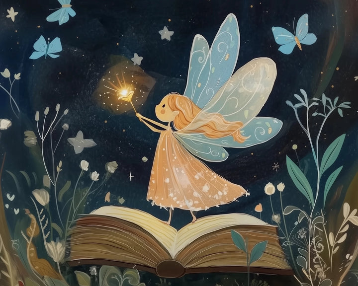 A whimsical illustration depicts a fairy with delicate blue wings and flowing blonde hair standing on an open book. She holds a glowing star, surrounded by blue butterflies and white flowers against a starry night sky.