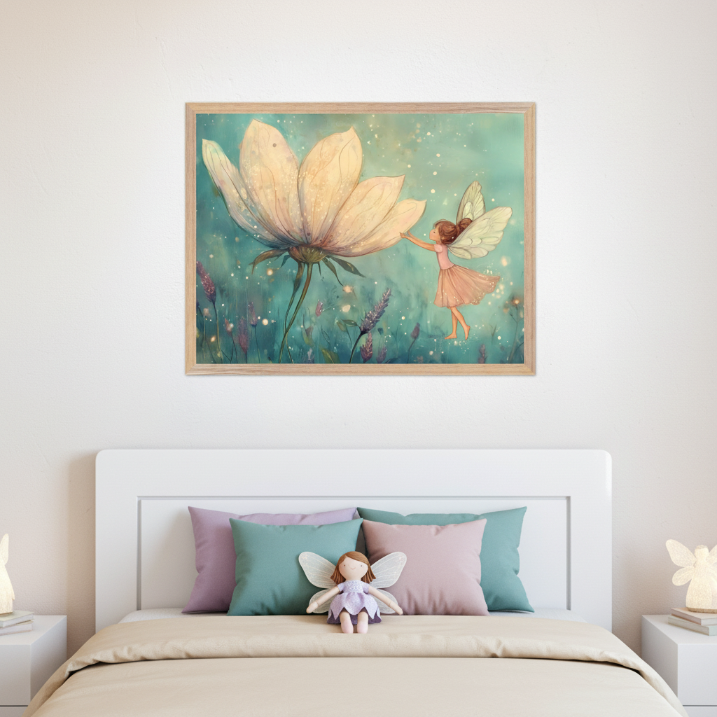 Kid's bedroom with a white bed, pastel pillows, and a fairy doll. A light wooden framed fantasy artwork hangs centered above the bed, depicting a small fairy touching a large glowing white flower in a field, rendered in a soft illustration style.