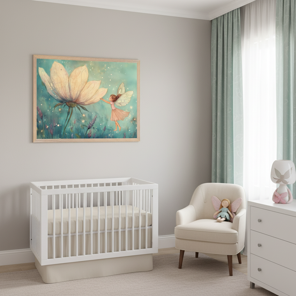 Light gray nursery with a white crib, beige armchair, and white dresser. A large framed illustration of a fairy touching a large glowing flower amidst lavender plants hangs above the crib on the left wall.