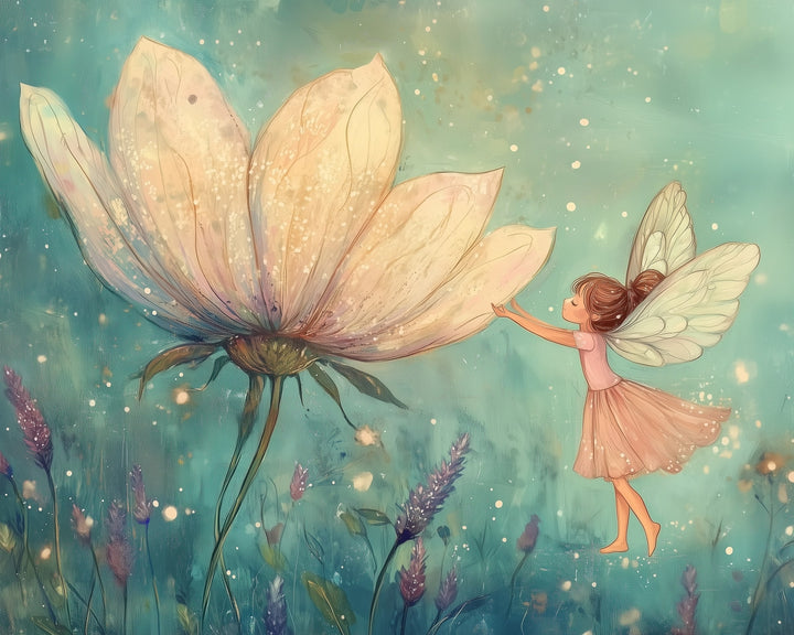 A whimsical fairy with delicate wings and a pink dress gently reaches towards a large, glowing flower amidst a dreamy, pastel-colored garden.