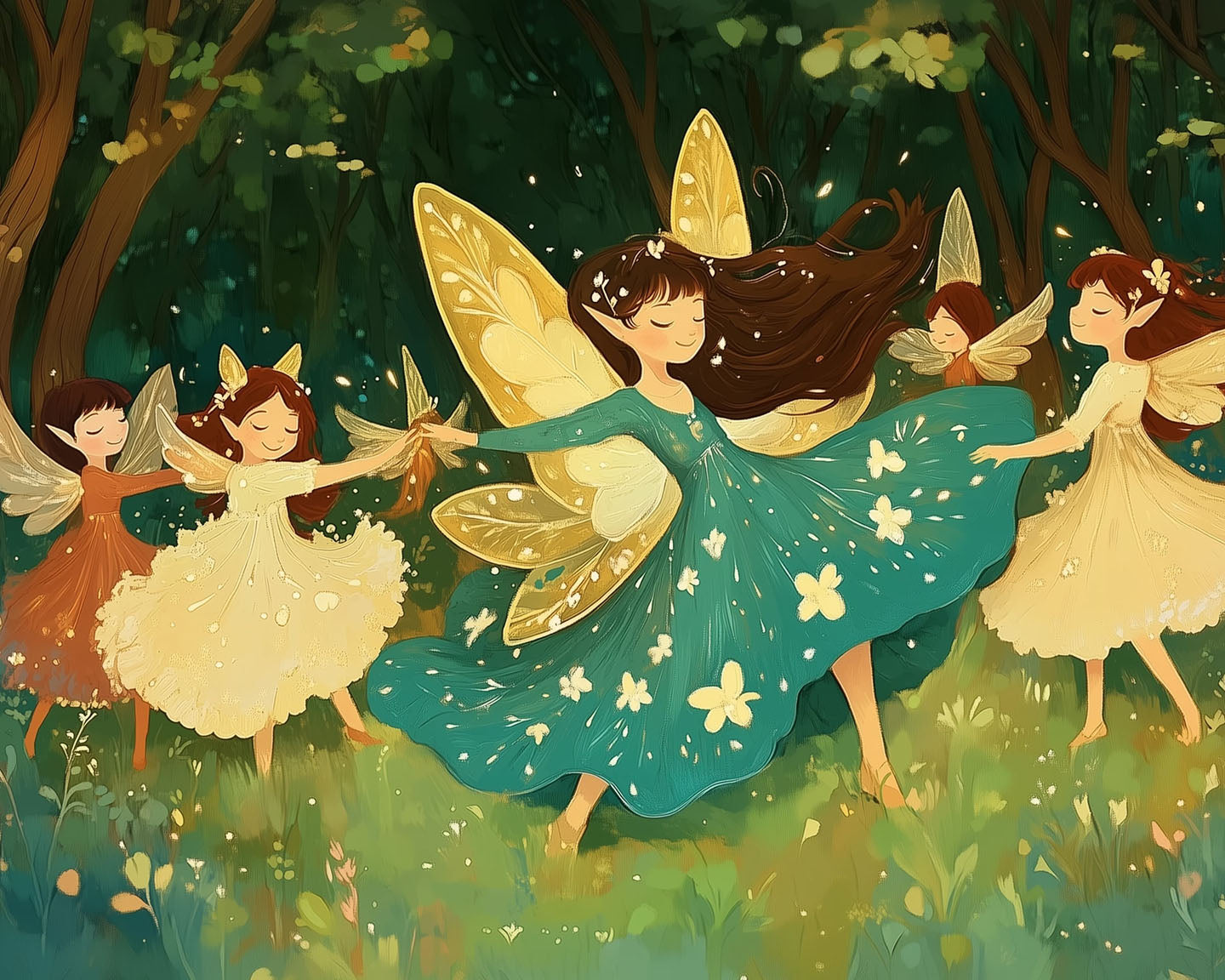 Five fairies with delicate wings dance joyfully in a circle in a lush forest, wearing colorful dresses adorned with flowers, exuding a sense of whimsy and enchantment.